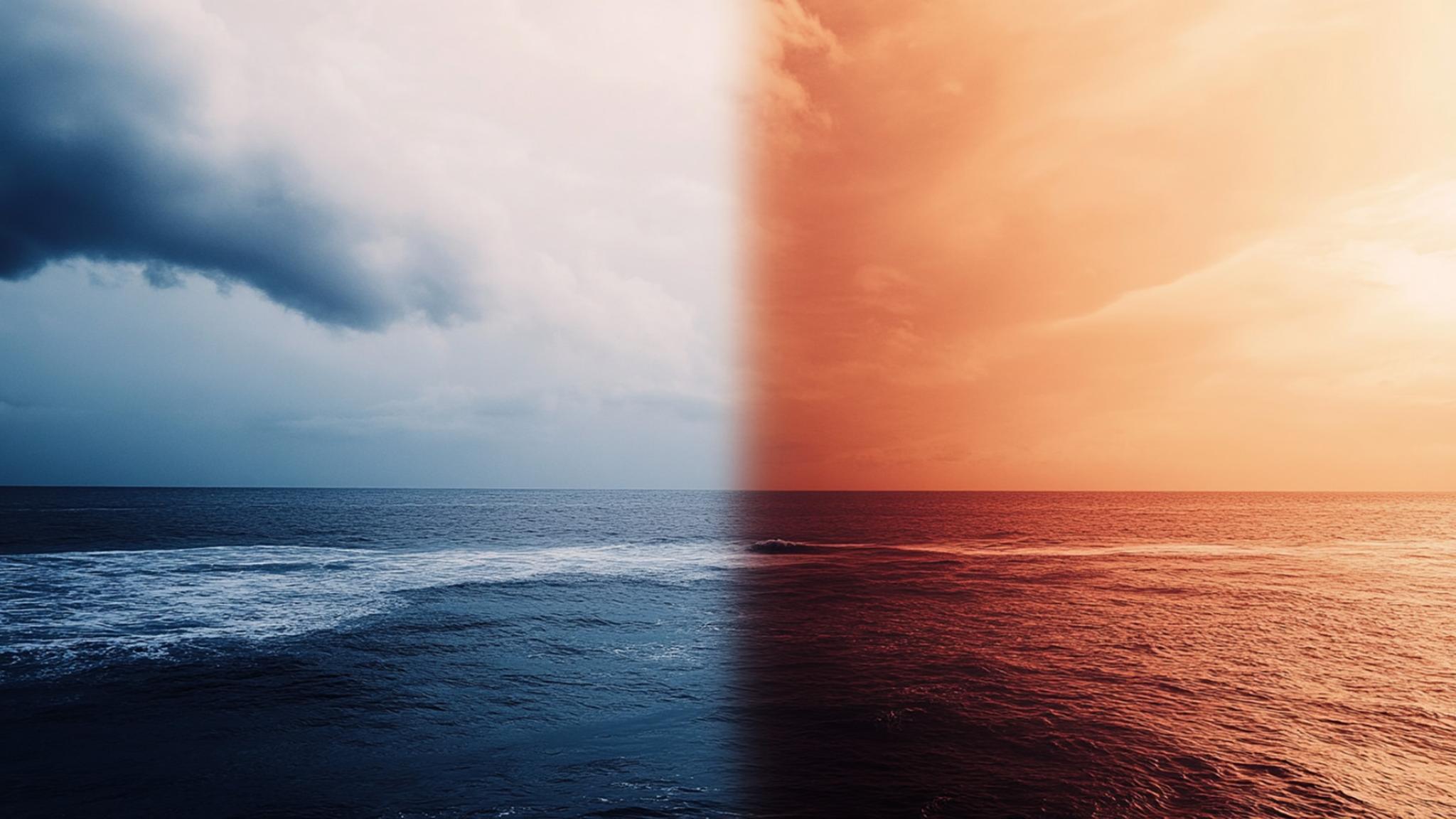 Image produced by generative artificial intelligence An ocean scene split into two contrasting halves: one side with a cold, stormy blue tone and the other with a warm, fiery orange hue, symbolizing climate change or environmental contrast.
